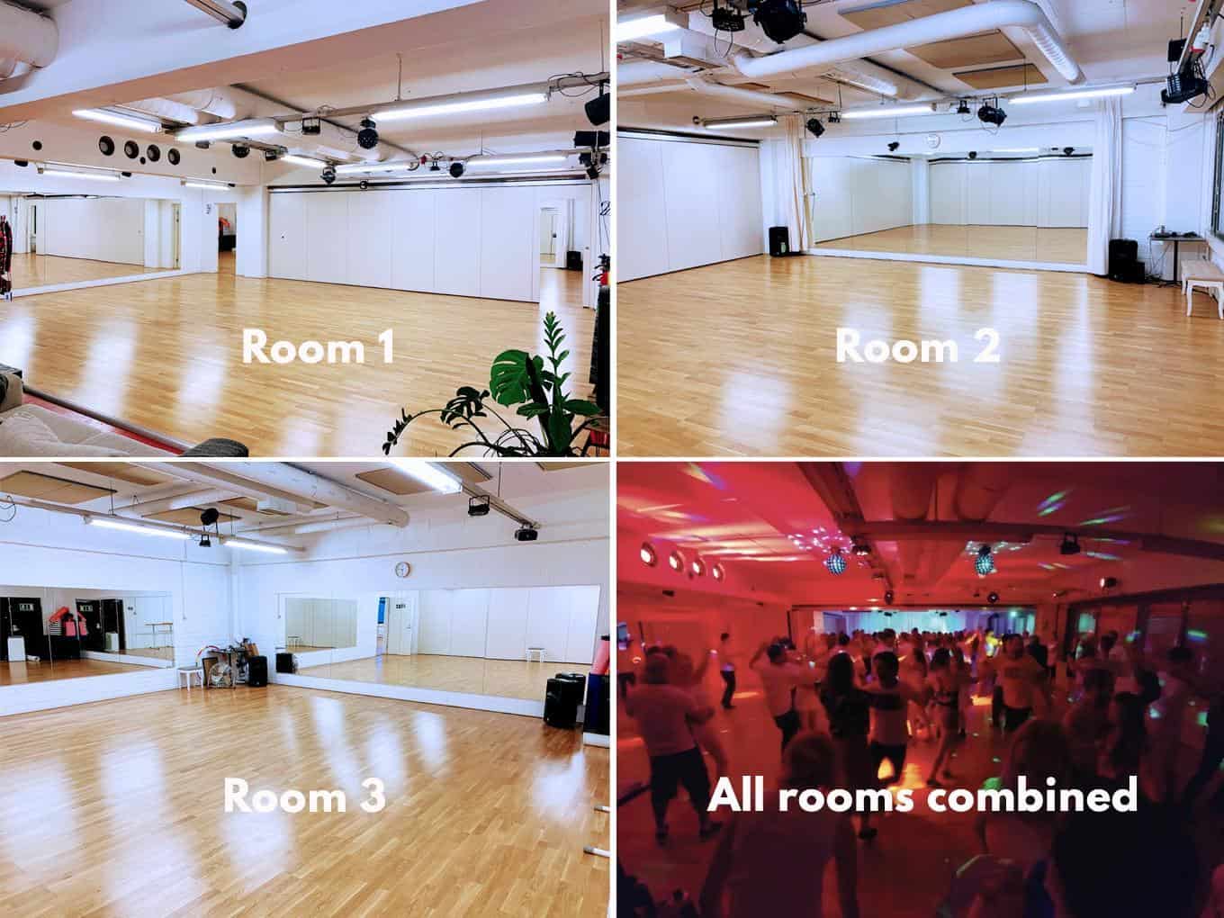 Helsinki Dance Central has 3 rooms that can be used either separated or combined in 2 or 3 rooms creating one big hall.