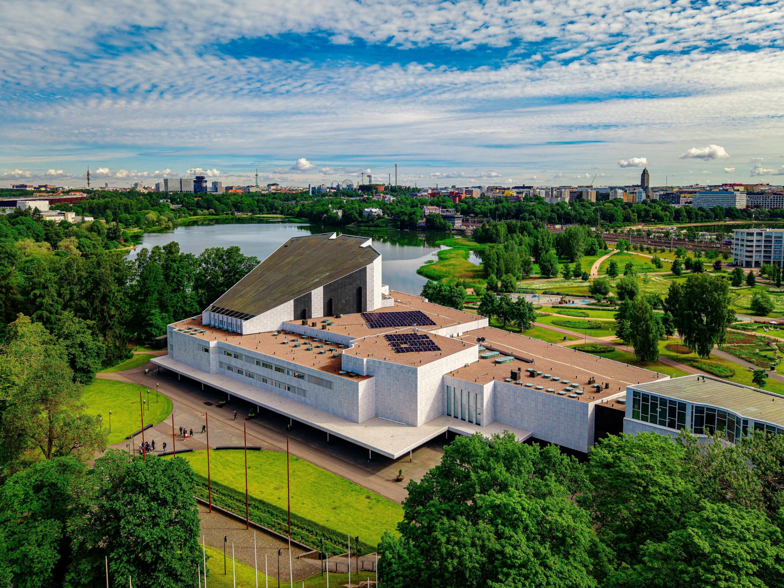 Aerial view of Finlandia Hall on the shore of Töölönlahti Bay in Helsinki.