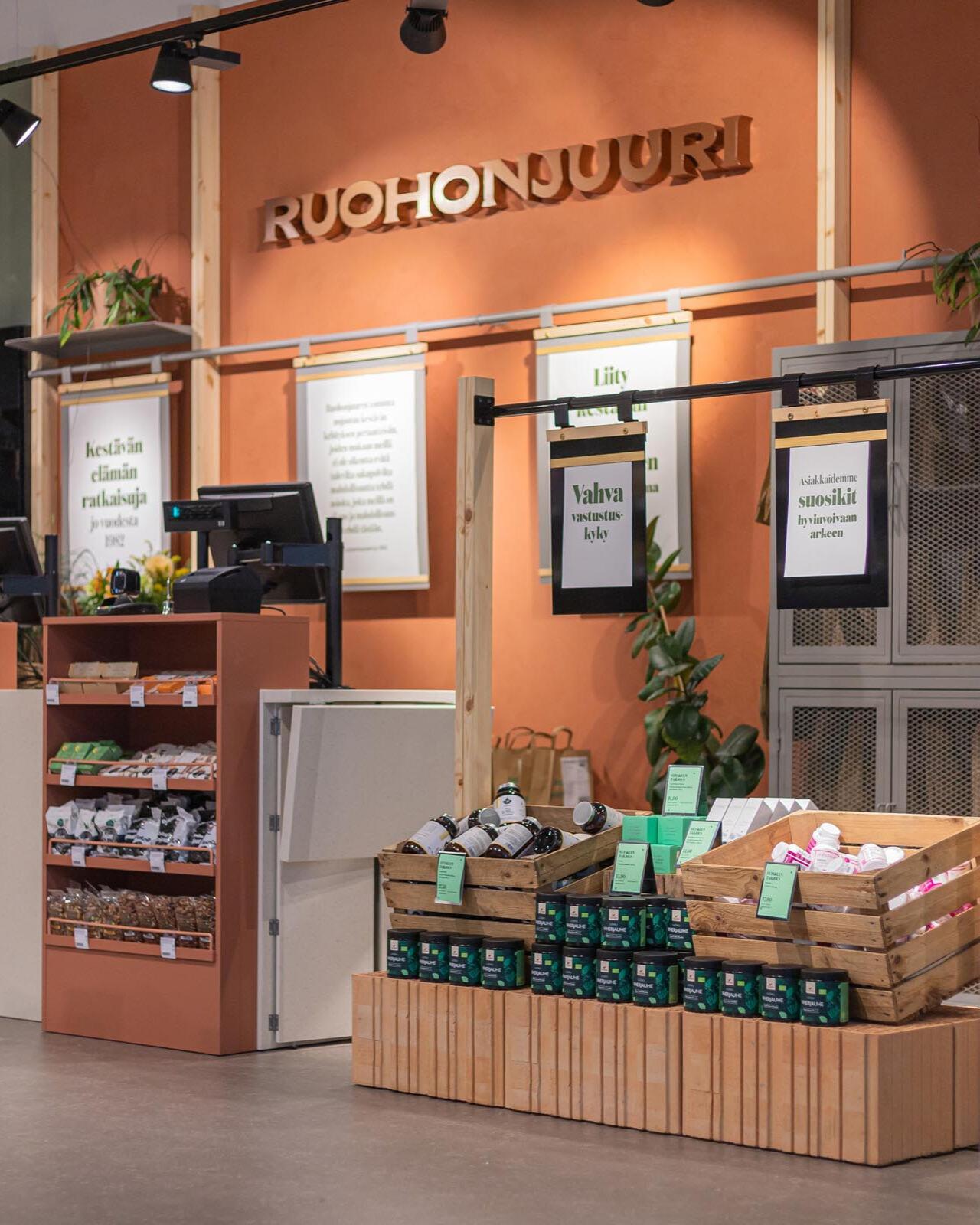 A Ruohonjuuri store filled with a wide selection of wellness products, ranging from superfoods to natural beauty