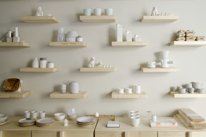 shelves on the wall with various objects