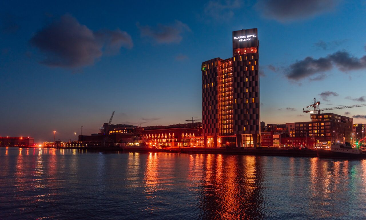 a building with lights on the side of it