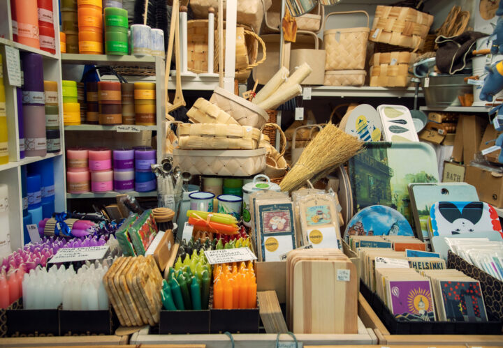 A colourful market stall in Hakaniemi Hall in Helsinki, Finland