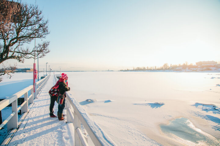 Two people in winter hats stand on a snow-covered pier overlooking a frozen lake.