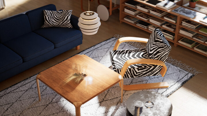 Modern living room with blue sofa, zebra print armchair, and wooden coffee table