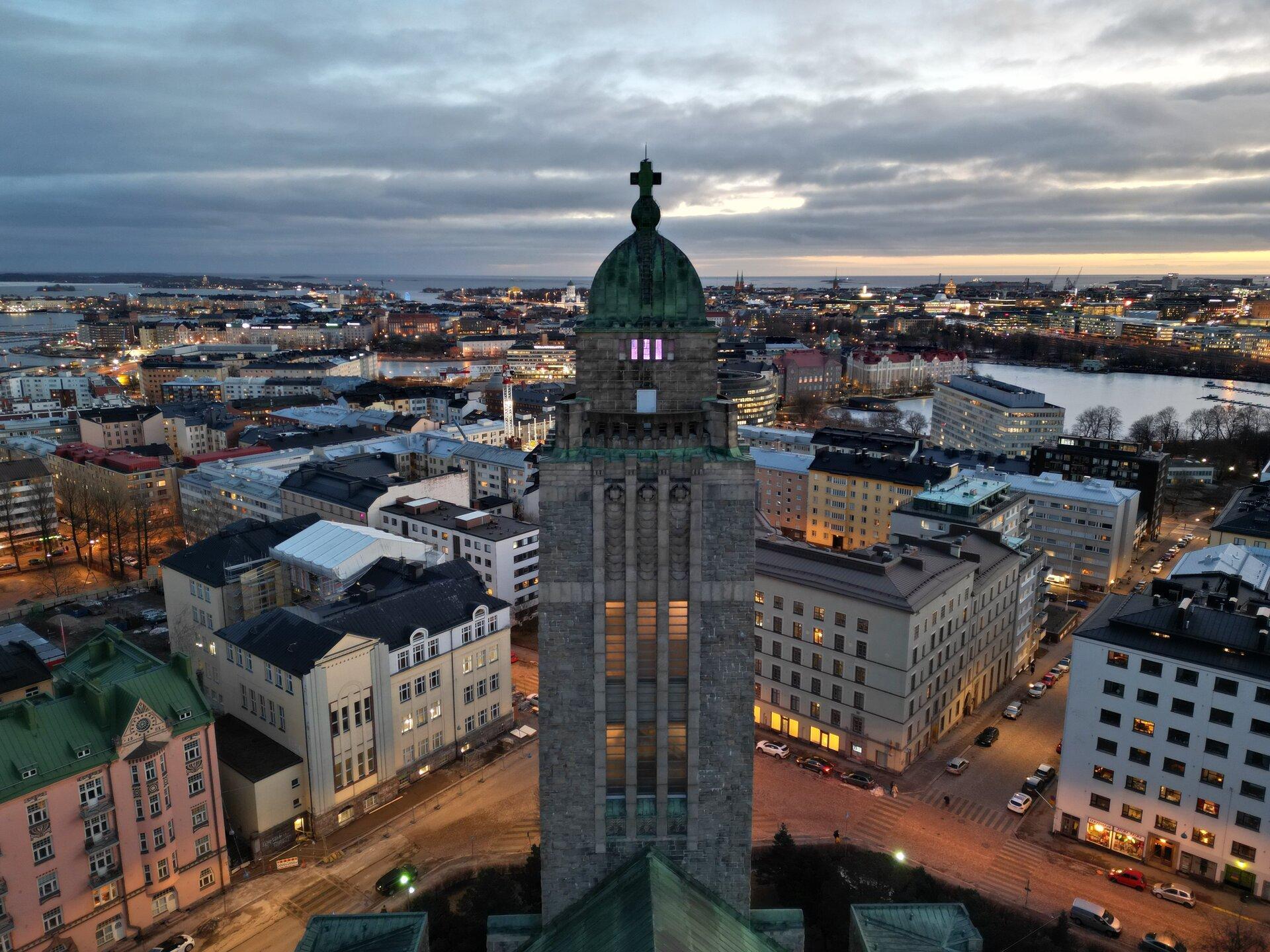Kallio Church tower, photographed from above. In the background, the city can be seen.