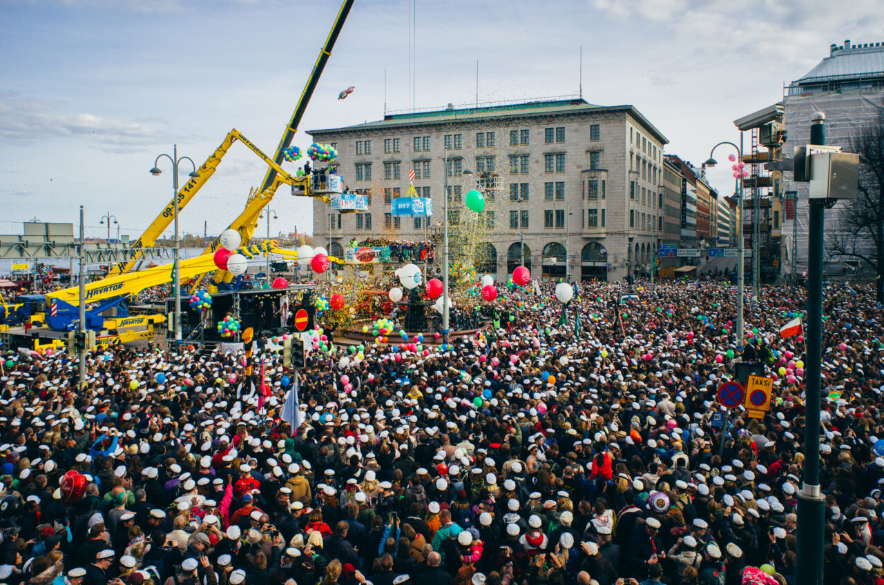 Capping of the Havis Amanda statue celebrating Vappu in Helsinki