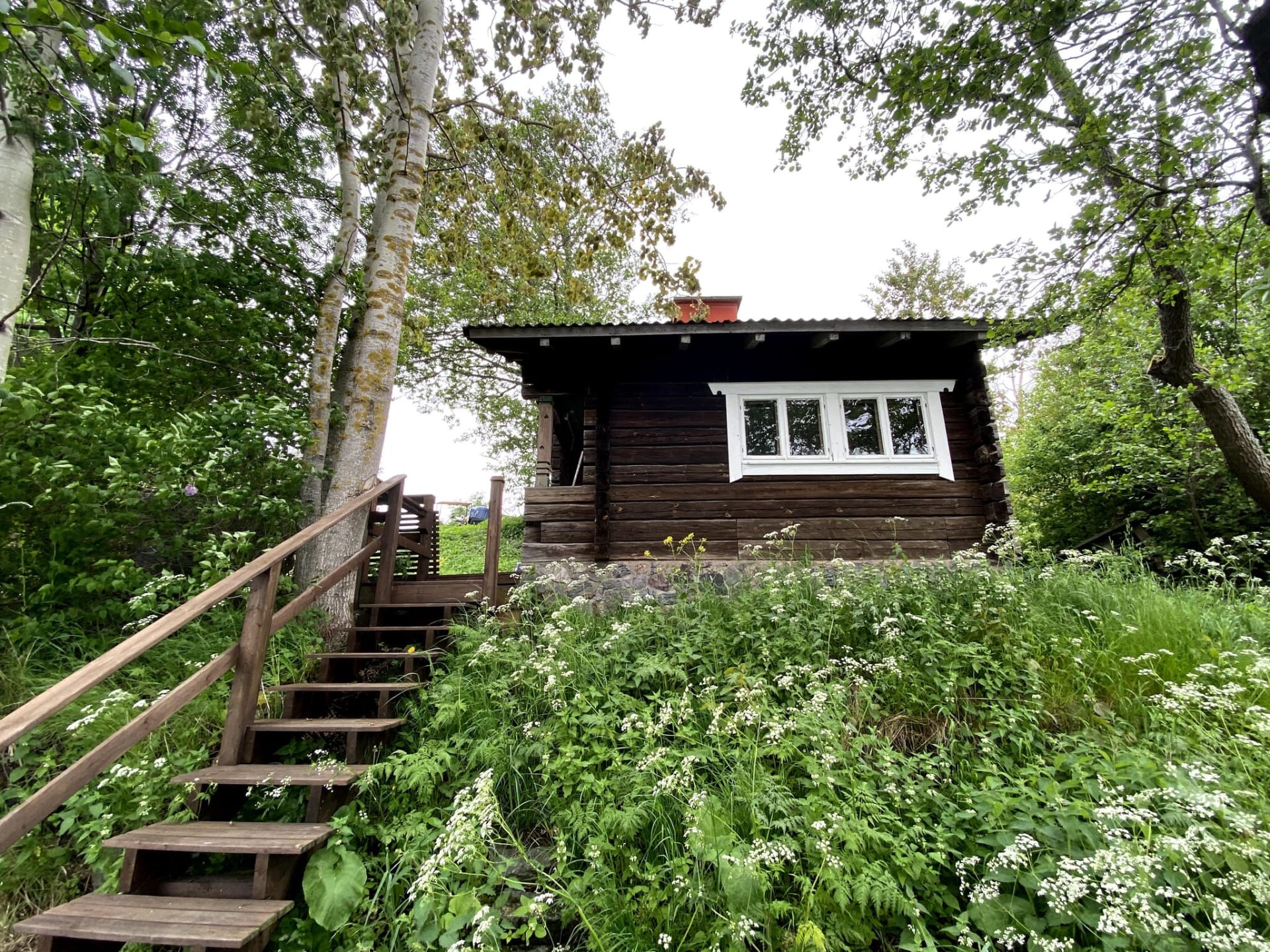 Front view of a log sauna with white-framed windows, located on a lush hillside.