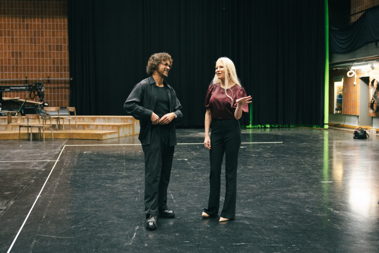 Pete Parkkonen and Linda Lampenius practicing for the Eurovision contest in Helsinki.
