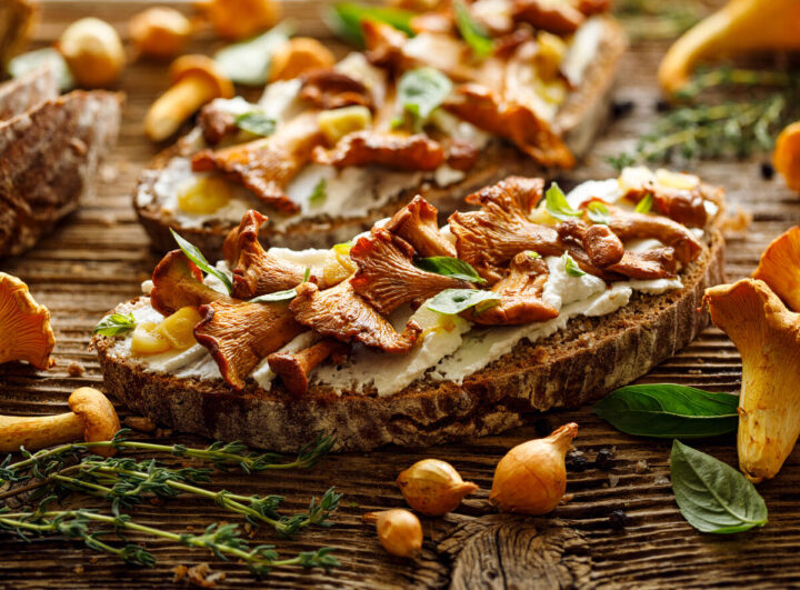 a close up of chanterelle mushrooms on toast