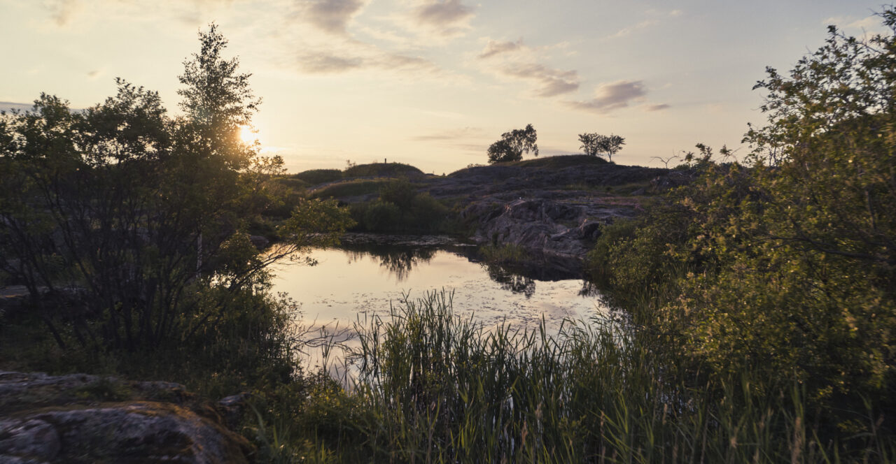 Solnedgång över en stilla damm omgiven av träd och klippiga kullar