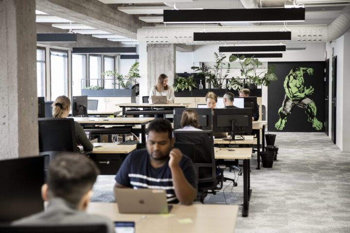 Modern office with collaborative workspace design.