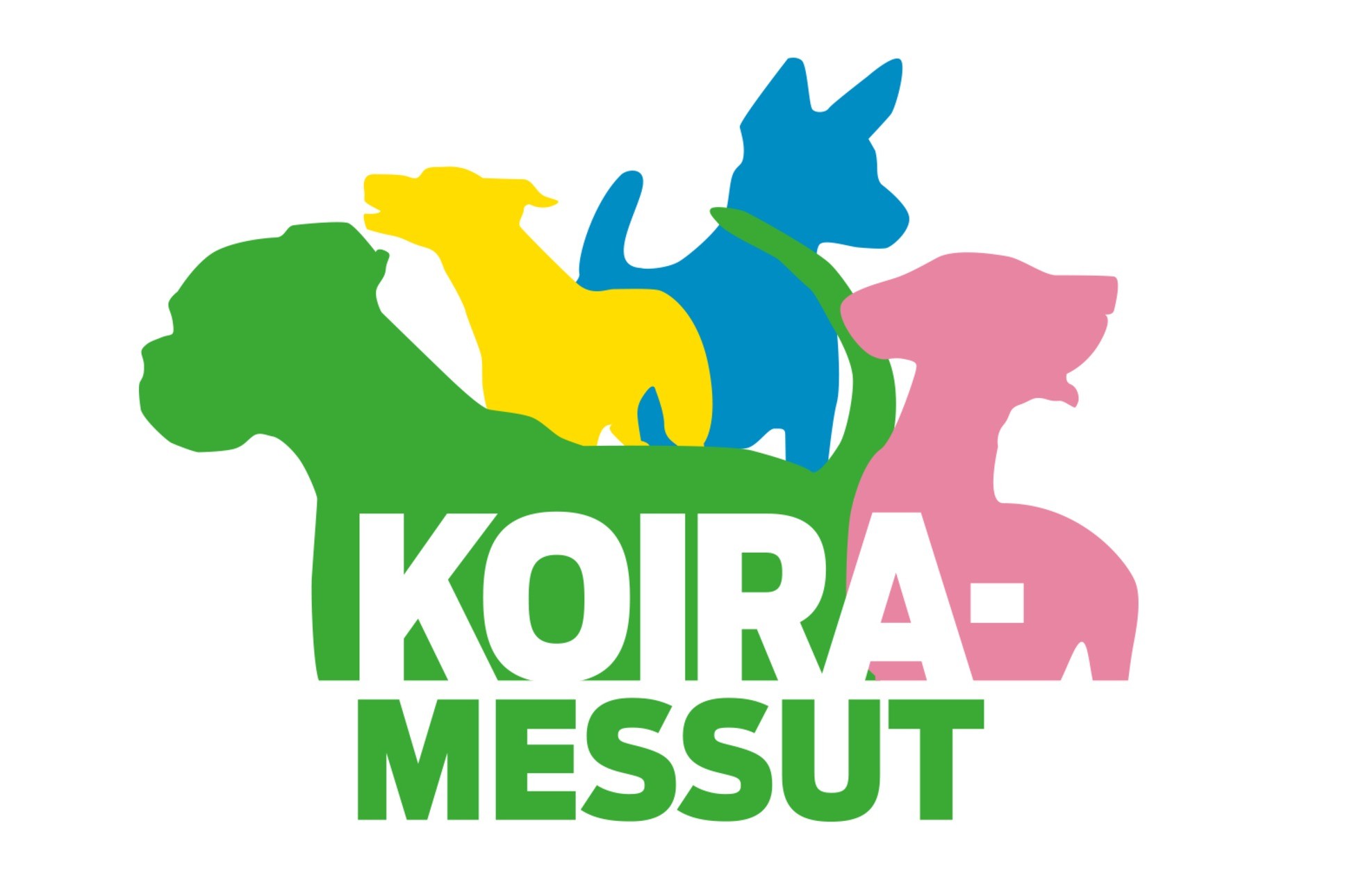 Koiramessujen logon taustalla on neljä eriväristä ja eri rotuista koiran siluettia.