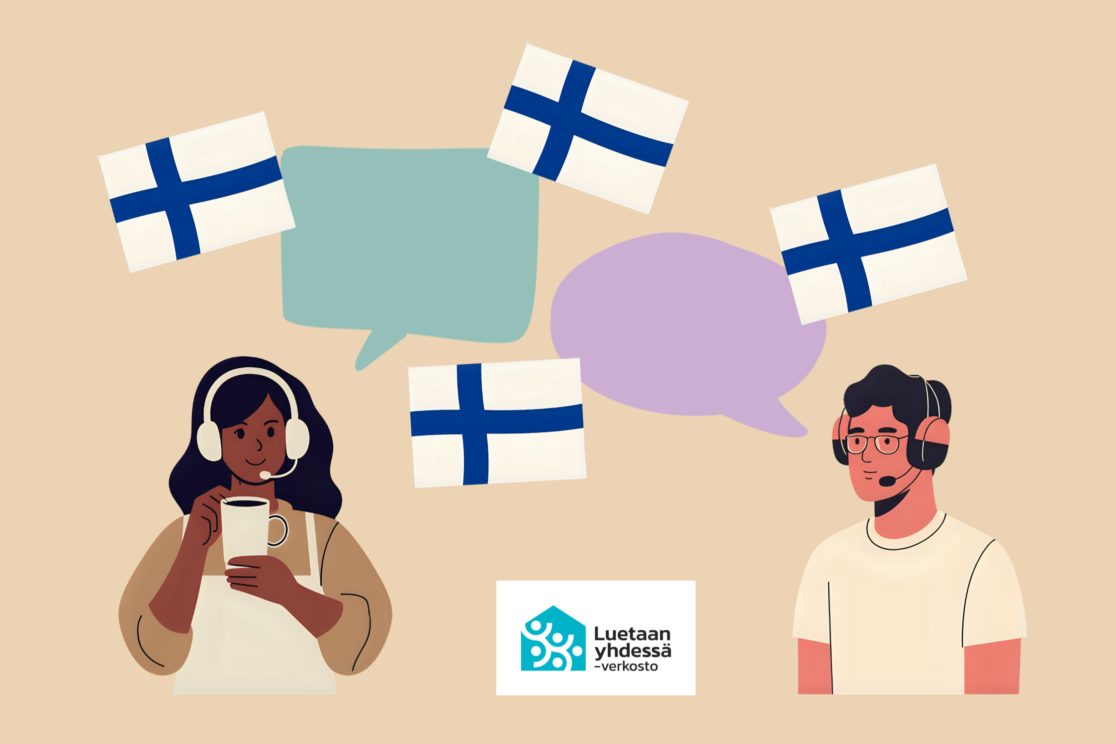 kaksi henkilöä kuulokkeet päässä keskustelemassa suomen kielellä