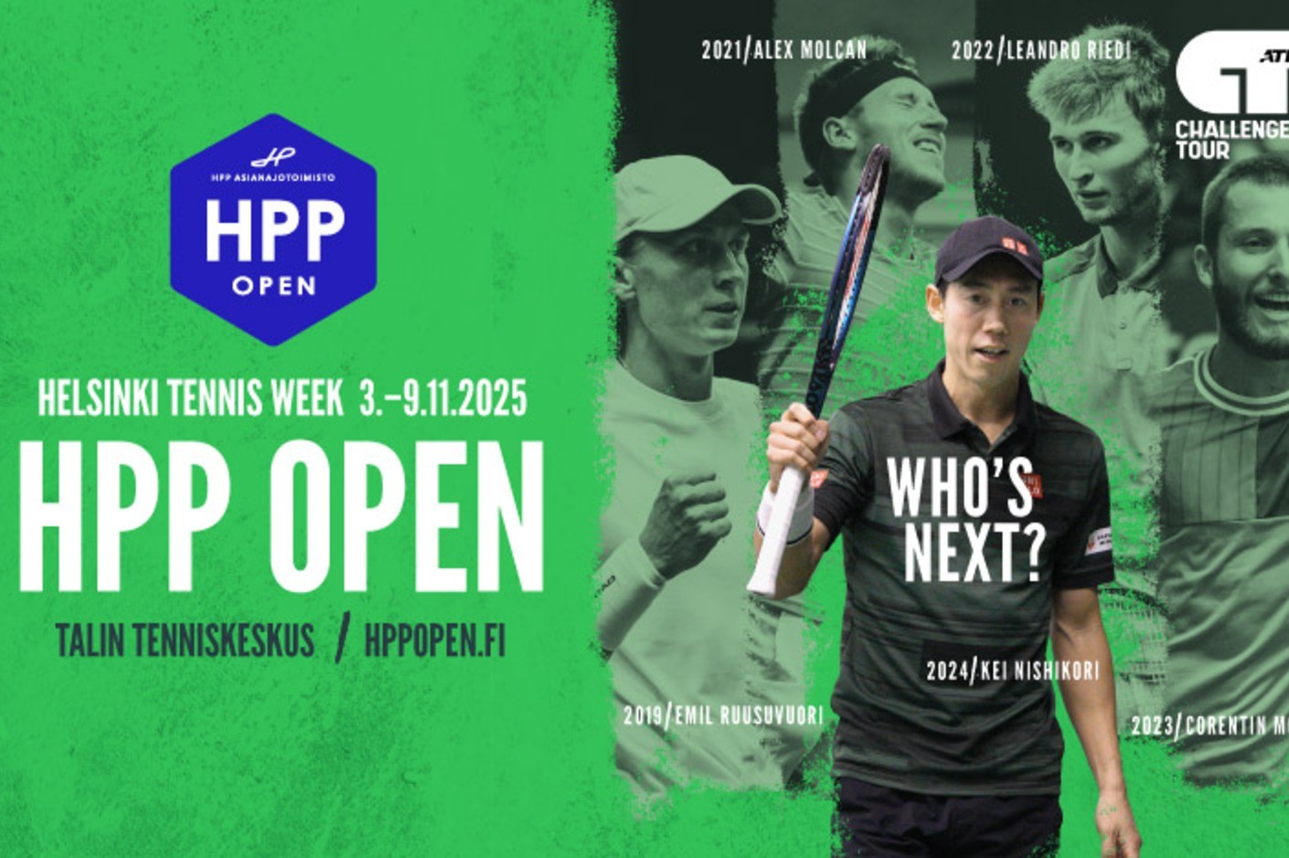 Viime vuoden voittaja Kei Nishikori, sekä Emil Ruusuvuori kuvassa vihreällä pohjalla. Tekstissä lukee tapahtuman nimi.