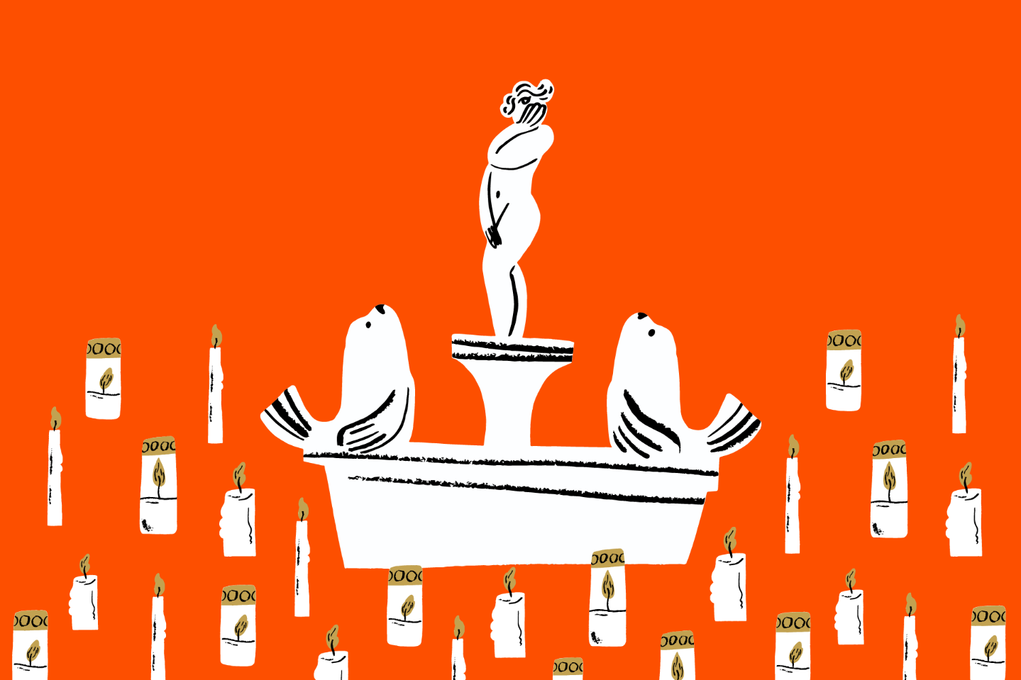 Piirroskuva kynttilöiden ympäröimästä Havis Amandasta.