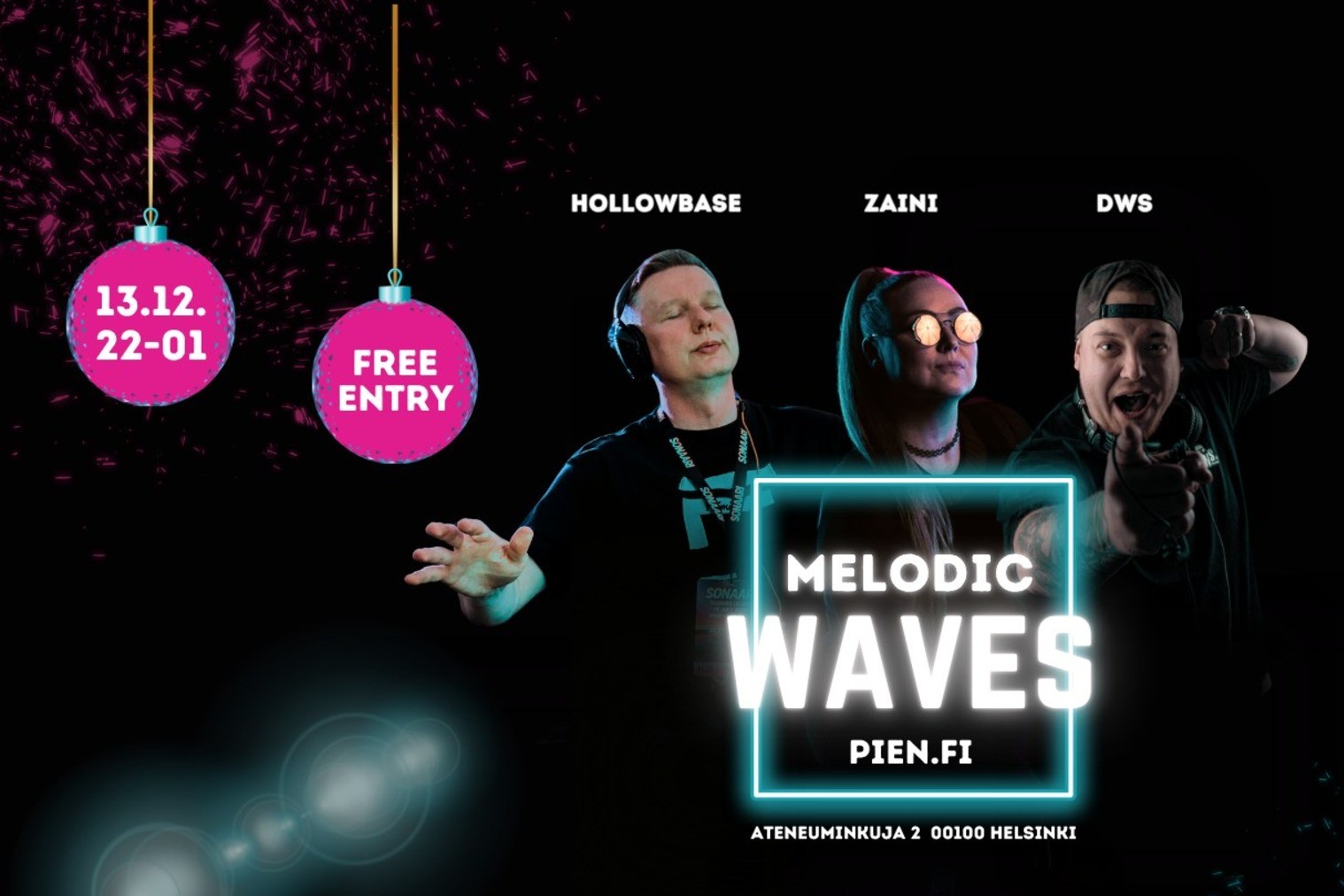 Kolme henkilöä julistekuvassa etualalla. Tumma tausta. Edessä valkoinen ja turkoosi logo, jossa lukee Melodic Waves.