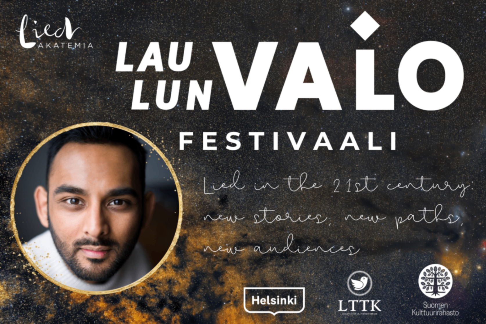 Kuvassa tapahtuman mainos. Vasemmalla taiteilijan kuva. Keskelle tekstinä tapahtuman tiedot.