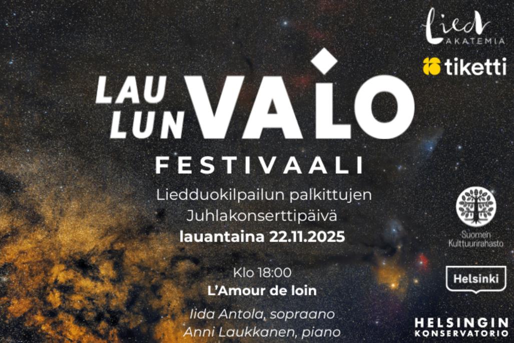 Taustana oranssinmusta avaruusnäkymä. Keskellä tapahtuman tiedot. Oikealla logoja.