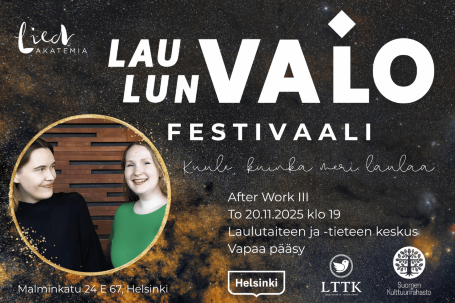 Festivaalin konserttimainos. Vasemmalla taiteilijoiden kuva.