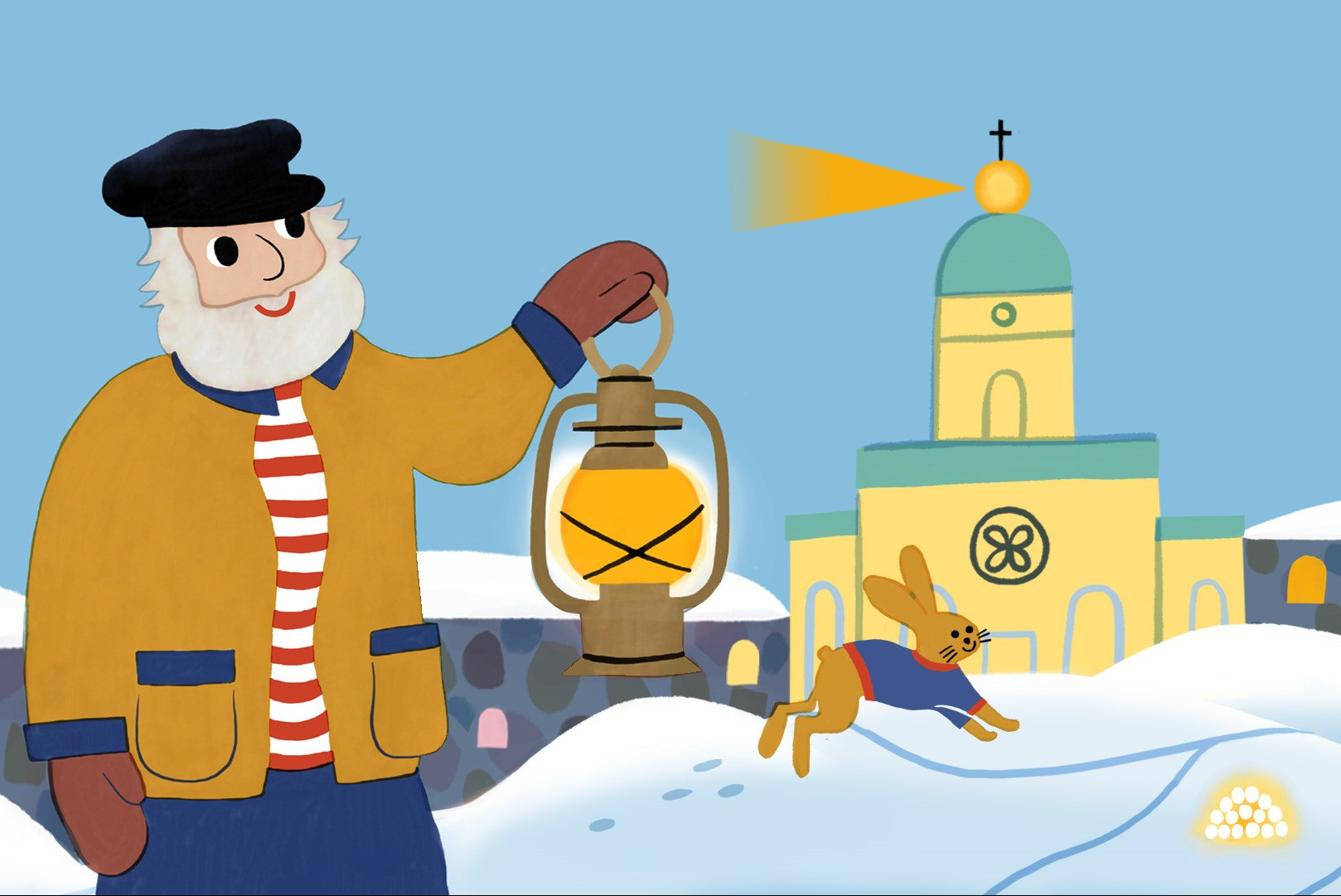 Piirroskuvassa Suomenlinnasta majakanvartija Svante Svartö ja talvista maisemaa