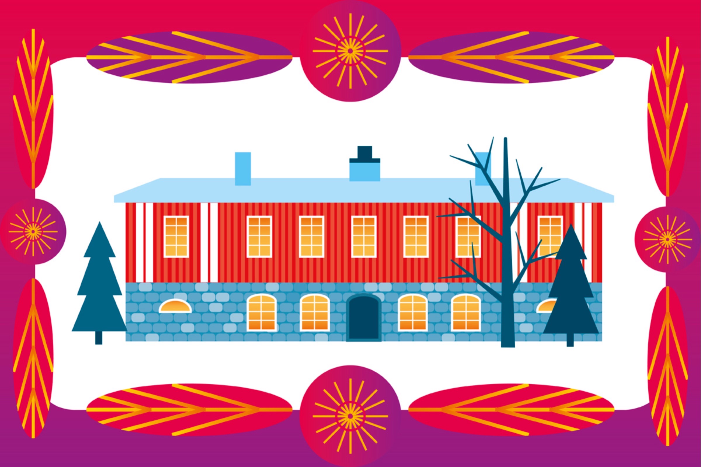 Satu Lusan muotoilema grafiikka. Kuva-aiheena Käpylän työväentalo