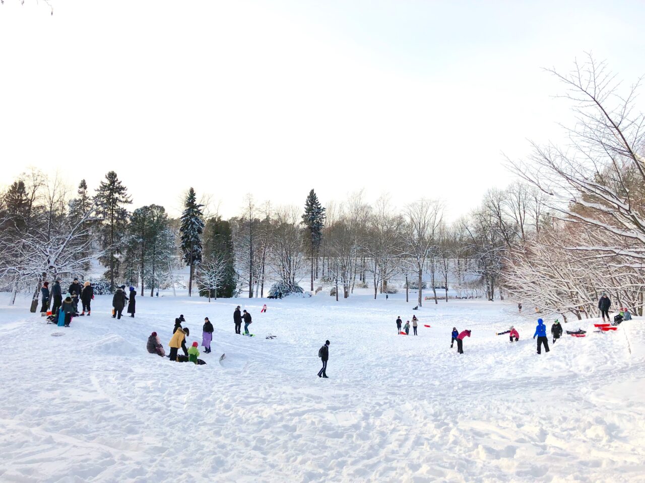 People in snowy Alppipuisto Park in Helsinki