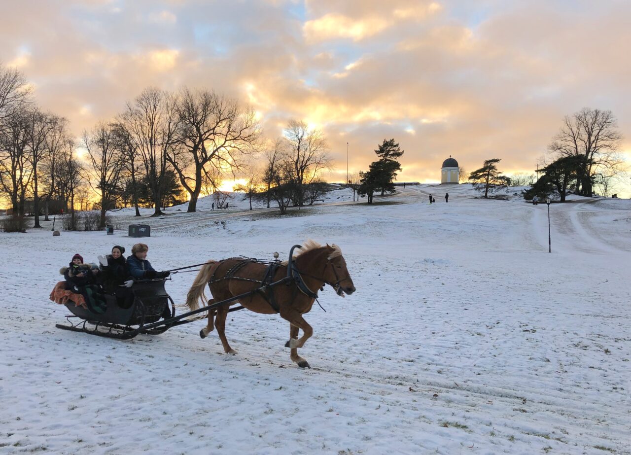 People on a horse sleigh on a Boxing Day in snowy Kaivopuisto Park Helsinki