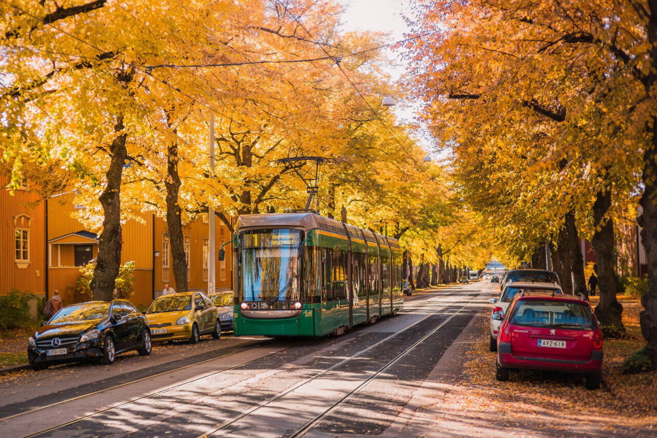 Tram number one running throug Helsinki neighbourhood Käpylä.