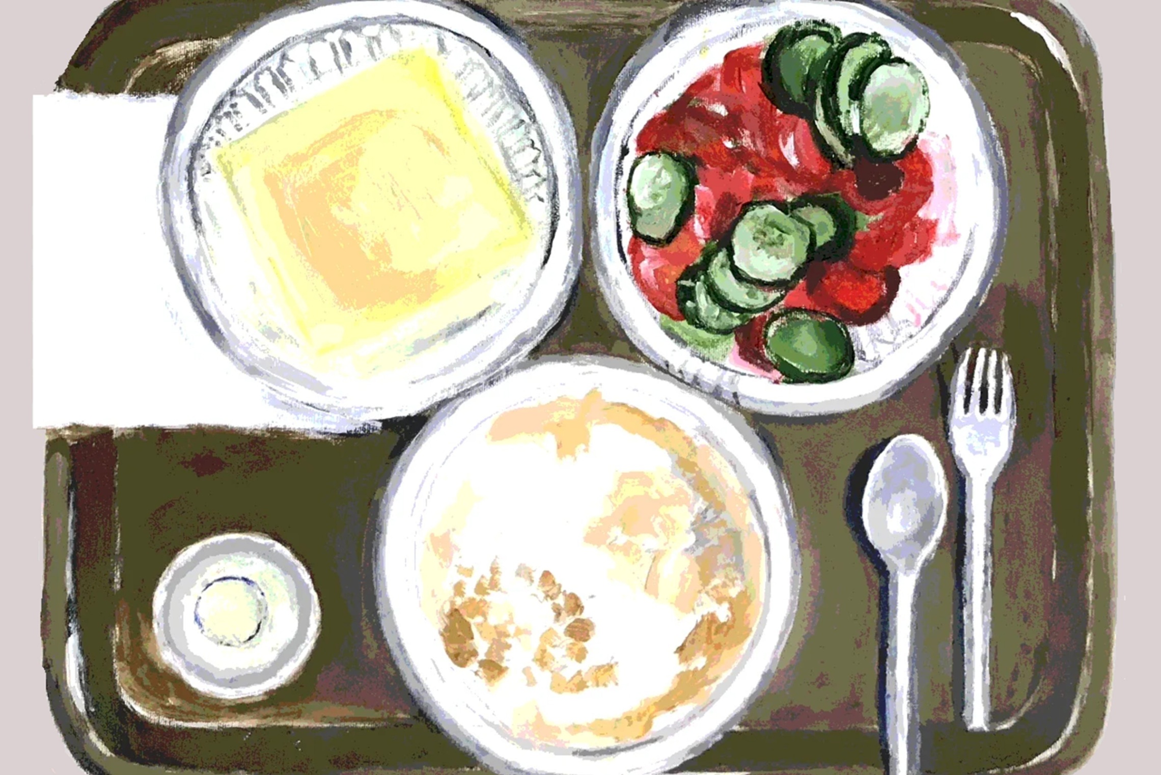 Kuvassa on yksityiskohta Spartak Khachanovin taiteellisesta projektista. Tarjottimella on ruoka-annos.