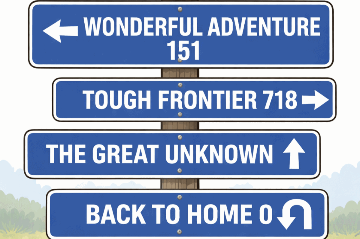 Tienviittoja ja etäisyyksiä eri kuvitteellisiin paikkoihin.