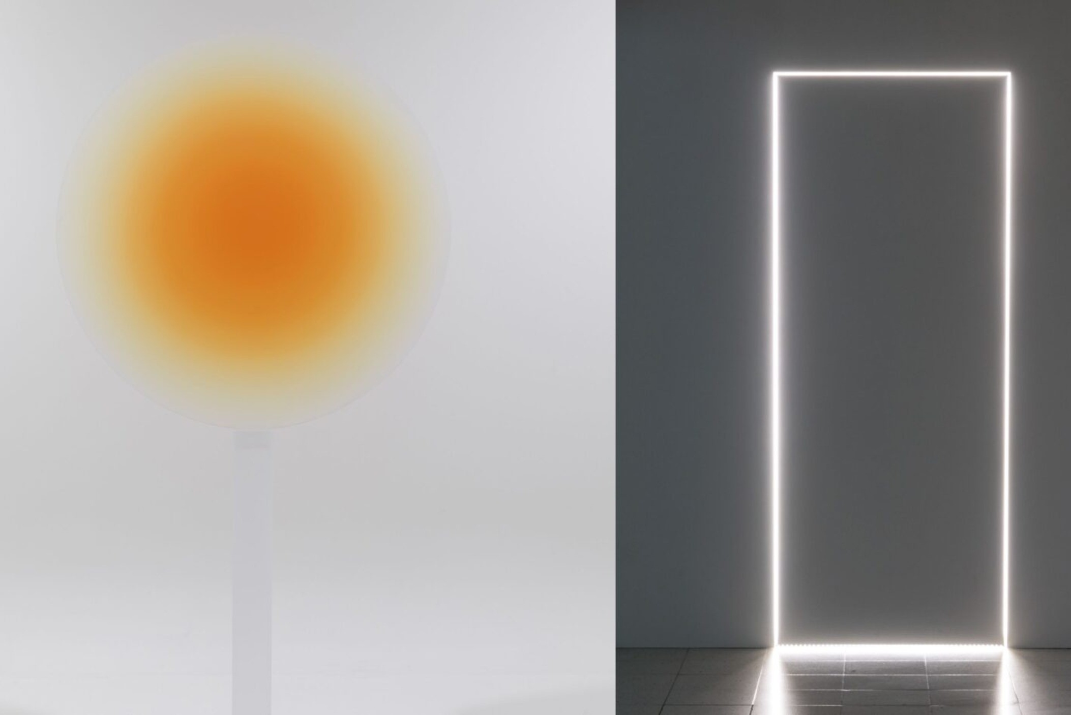 Vasen: Helen Pashgian, Untitled (Lens) (yksityiskohta), 2023. Taiteilijan luvalla © Helen Pashgian | Kuva: Fredrik Nilsen; Oikea: Maaria Wirkkala, Jaettu, 2011–2014. Taitelijan omistuksessa © Sakari Viika / Sara Hildénin taidemuseo