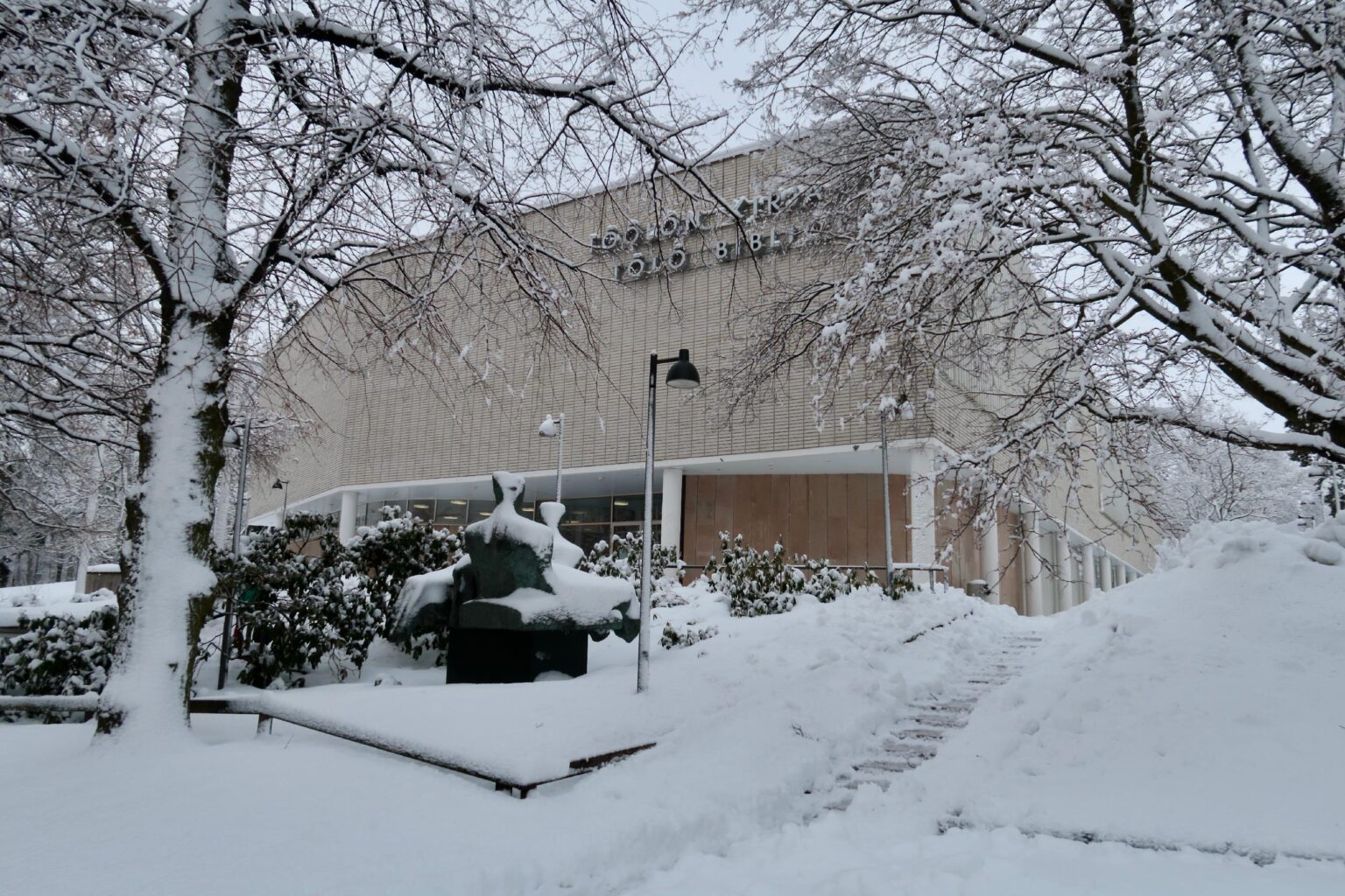 Töölö library in Helsinki on a very snowy winter day.