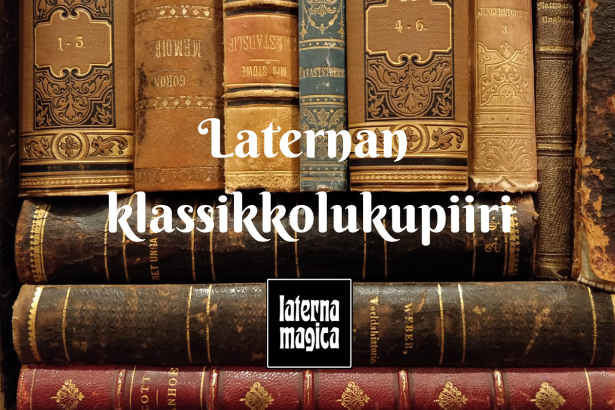 Klassikko lukupiiri-teksti kirjanselkämysten päällä