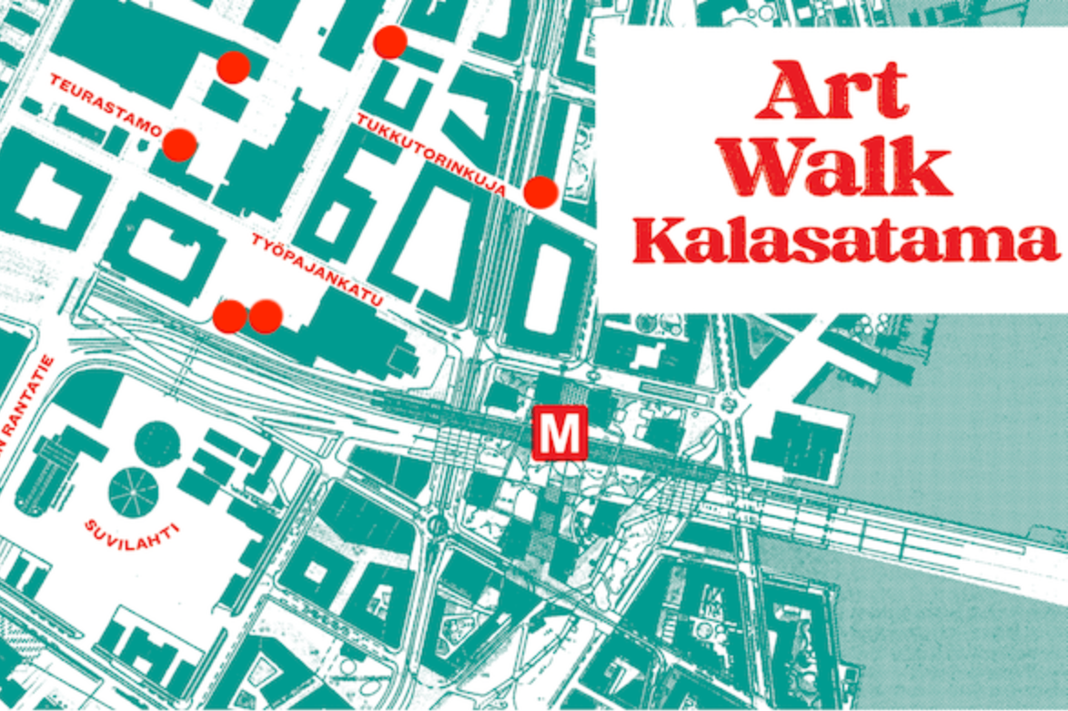 Kartta Kalasatamasta. Kartalle on oranssilla pisteillä merkitty eri kohteita. Kuvan yläreunassa teksti Art Walk Kalasatama.