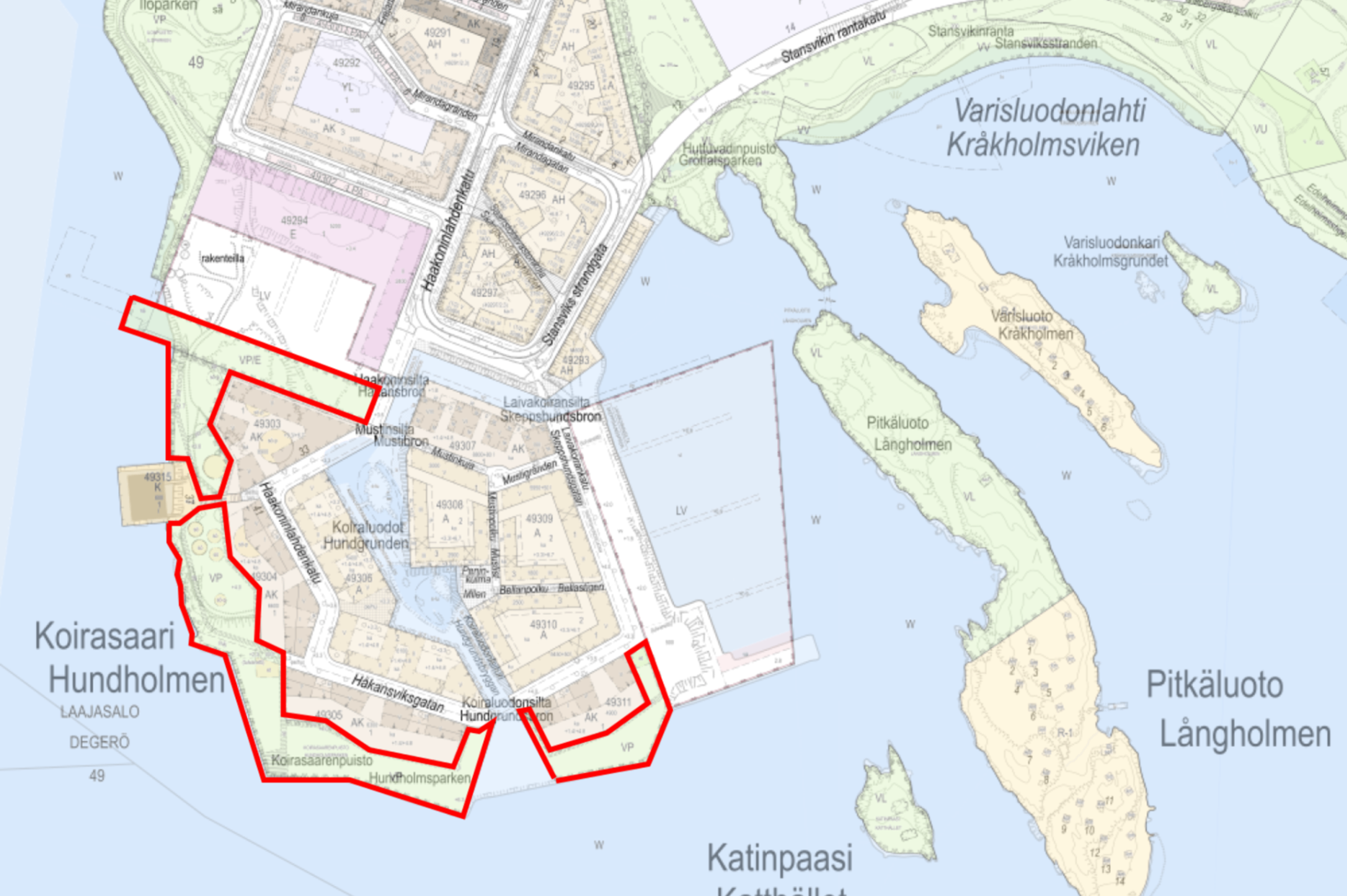 Koirasaarenpuiston suunnittelualueet.