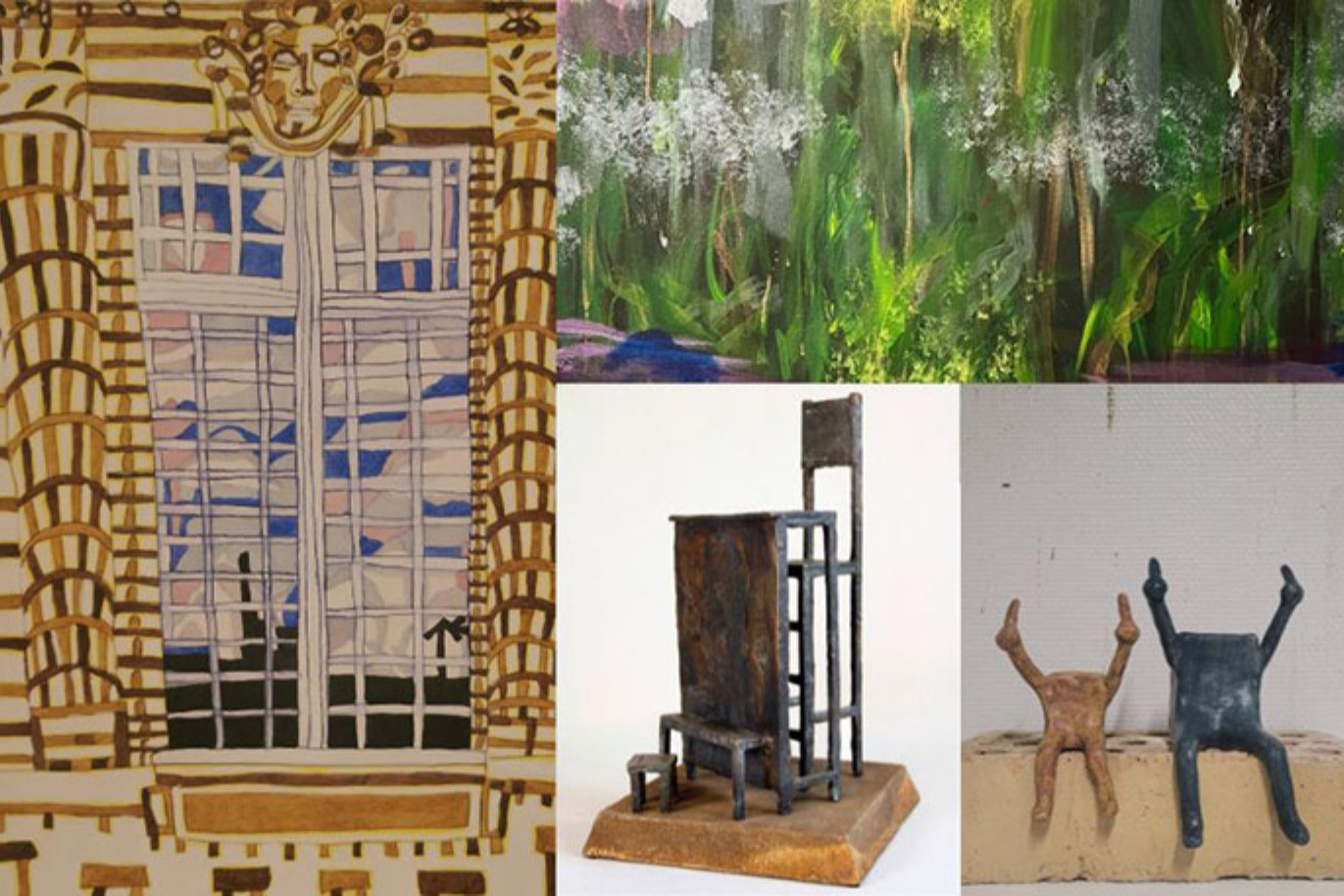 Kuva jaettu neljään epäsäännöllisen osaan. Yläoikealla vihreä kasvi aiheinen akryylimaalaus. Alaoikealla kaksi päätöntä kivihahmoa istumassa tiiliskivellä. Alhaalla keskellä on pieni veistos. Vasemmassa reunassa on koristeellista ikkunaa esittävä piiros.