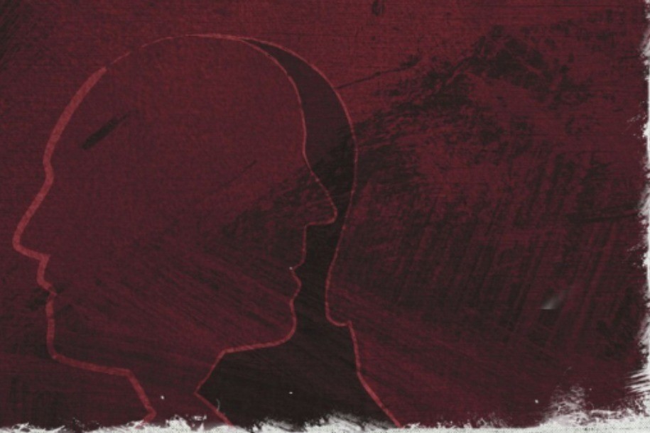 a painting of faces in shades of red