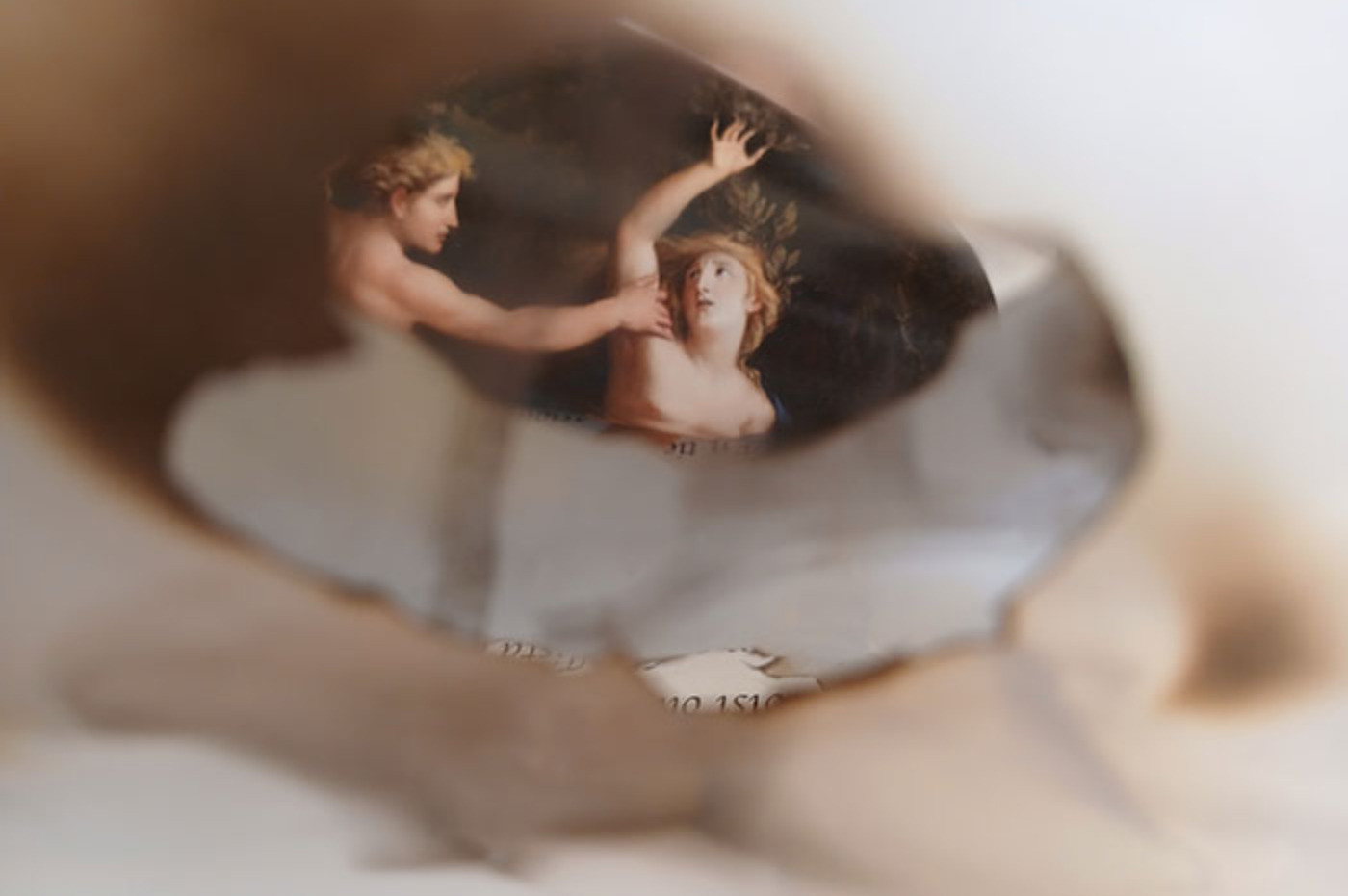 Kuvassa sumeita palaneita sivuja. Sivujen lomasta näkyy maalaus Apollosta ja Daphnesta.