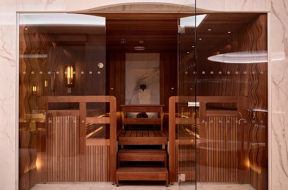 Luxurious wooden Finnish sauna entrance.