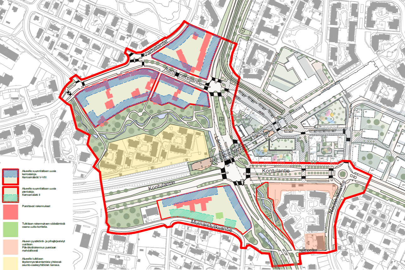 Kuva kaavamuutoksesta, jossa on merkitty purettavat talot sekä uusien talojen sijainti.