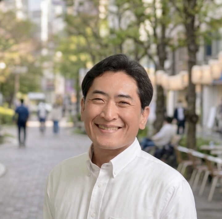 Man in white shirt smiling outdoors with blurred city background