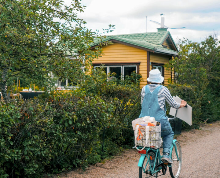 Person in overalls riding a bicycle with a basket of items past a yellow house.