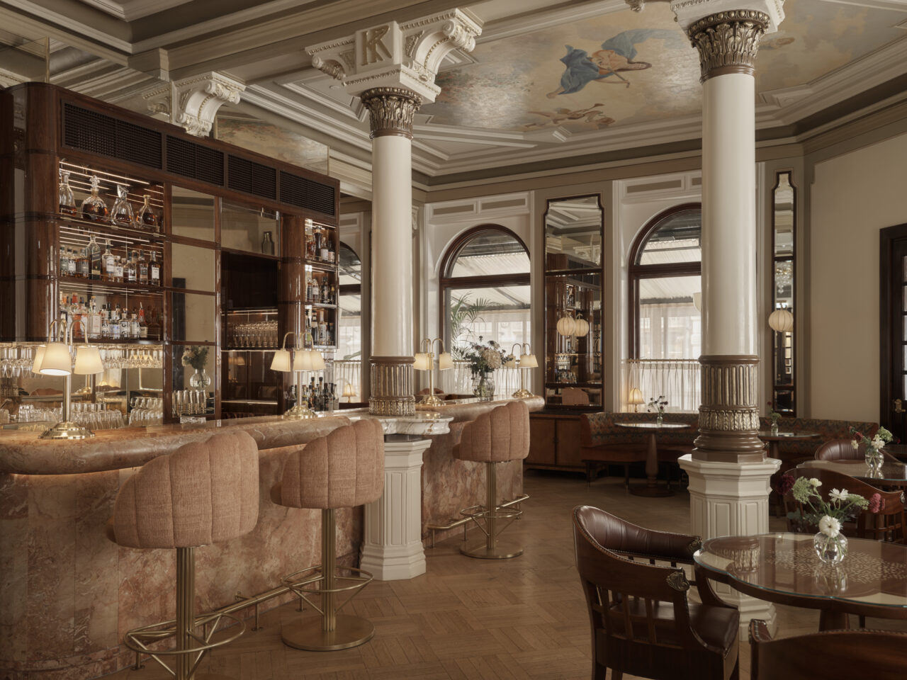 Luxurious interior of Hotel Kämp bar of Strawberry hotels in Helsinki.