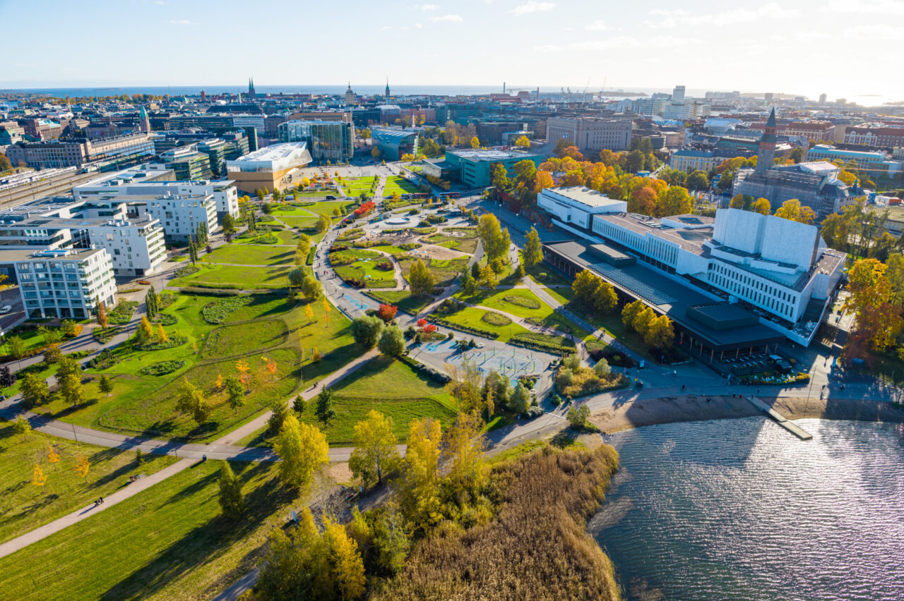 Aerial view of the Finlandia Hall and surrounding park in Helsinki, Finland, during autumn.